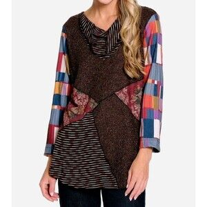 Ali Miles Mixed Media Patch Knit Tunic Sweater Top Womens Large Boho Patchwork